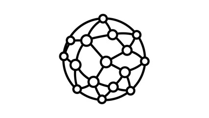 Obraz premium A minimalist black line art icon of a global network sphere with interconnected nodes on a white background.
