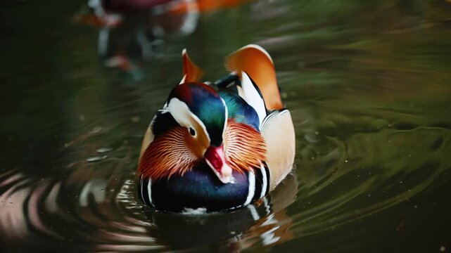 Vibrant mandarin duck gracefully gliding across tranquil water surface, showcasing rich plumage and rippling reflections, camera pans smoothly to capture serene beauty