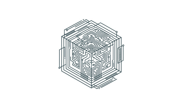 A minimalist black and white line art illustration of a cube with intricate circuit board patterns on its faces.