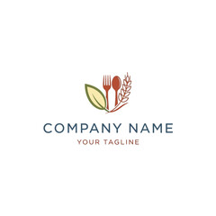 Natural food logo with fork spoon leaf and wheat.