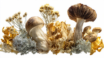Diverse collection of mushrooms and wildflowers on white background