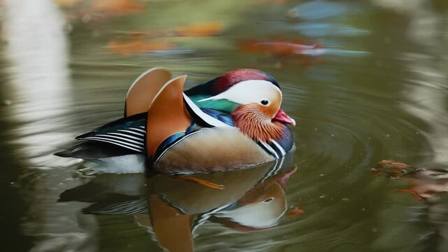 Vibrant mandarin duck swims through tranquil water, showcasing its colorful plumage and reflections. Concept wildlife, birds, nature, serene environment.