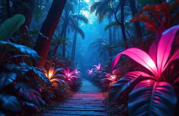 Worm eye view of jungle at night with neon glowing plants. Wooden path leads through tropical forest with palm trees and exotic plants. Neon lights illuminate leaves and path in jungle landscape.
