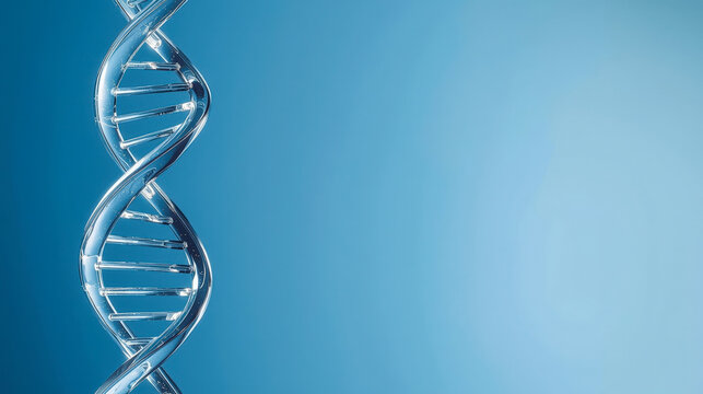 Futuristic 3D render of crystal DNA helix structure. Genetic research and science concept on blue background with copy space.