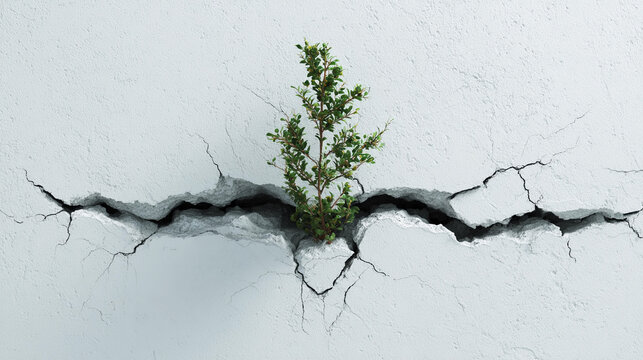 Plant growing through crack in concrete shows nature's resilience - Powered by Adobe
