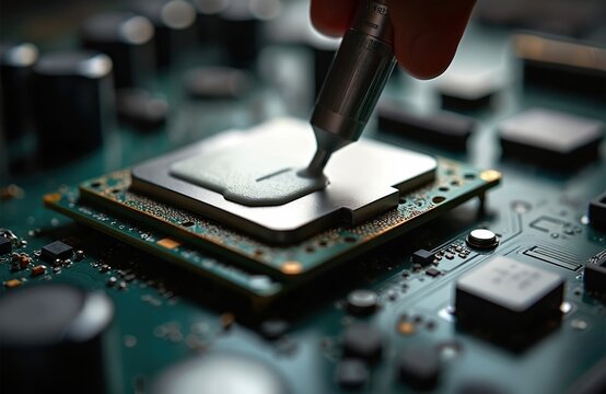 Technician applies thermal paste to processor CPU. Closeup of component on circuit board. Computer hardware maintenance repair. Electronic tech works with laptop system.