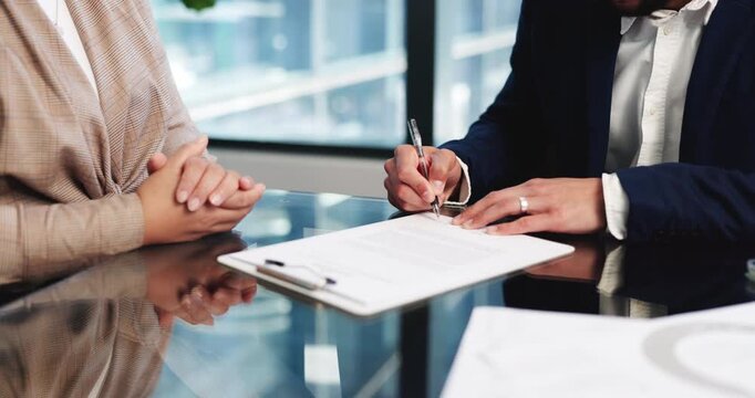 Signature, documents and hands of business people in office for legal protection, license agreement and deal. Patent registration, policy paperwork and sign up with employees in agency for contract