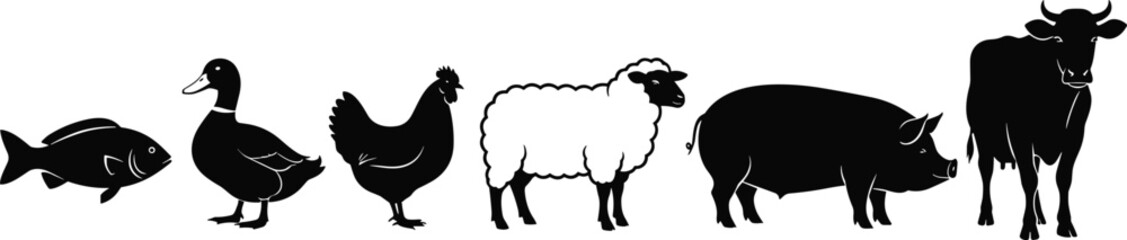 Farm animal silhouettes, livestock illustration set, cow pig sheep chicken duck fish icons, agriculture graphic collection for labels and designs