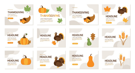 A collection of twelve flat design Thanksgiving-themed banners featuring turkeys, pumpkins, cornucopias, autumn leaves, and harvest elements.