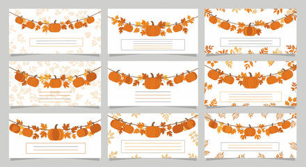 Collection of nine autumn banner templates with hanging pumpkin and leaf garlands for seasonal greetings.