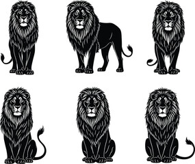 Majestic lion illustrations, powerful big cat silhouettes, detailed mane artwork, wildlife predator design set, African animal graphic collection for decoration