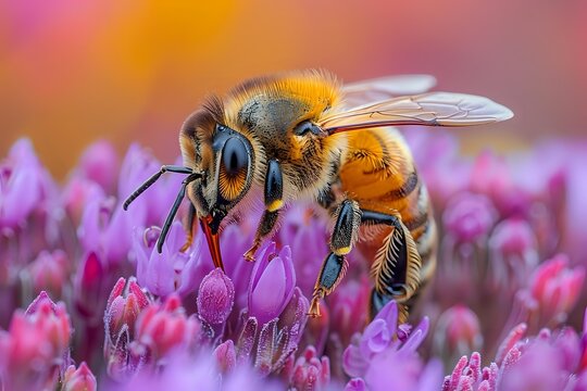 Honey bee collecting pollen from vibrant pink flower with detailed macro view showing wings, antennae and body structure against colorful blurred background. - Powered by Adobe