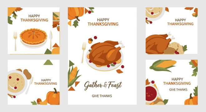 A collection of six Thanksgiving themed graphic designs featuring traditional holiday food.
