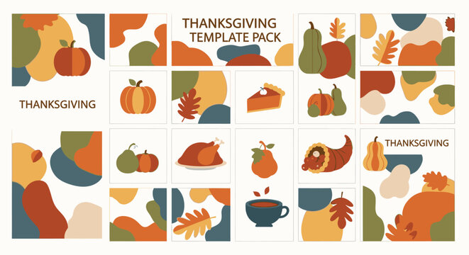 Thanksgiving template pack with abstract shapes and holiday elements.