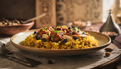 A plate of yellow rice topped with seafood and herbs on a table with utensils and spices in a warm setting.