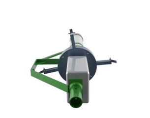 Modern Fish Farm Feeding Mechanism: White Container and Green Support Rotary Centrifugal Spreader, High-Definition 3D Rendering of Automated Aquatic Ecosystem Equipment, Isolated Transparent PNG.