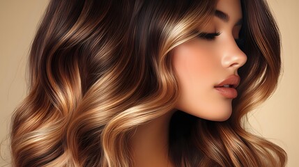Naklejka premium Young Asian woman with luxurious wavy brunette hair featuring caramel balayage highlights against neutral beige background, showcasing modern salon hairstyle.