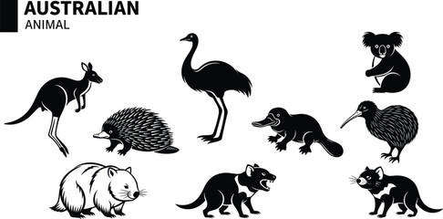 Australian animal silhouette set, kangaroo koala emu platypus and more, wildlife illustration collection for nature graphics, education, travel designs, and decor