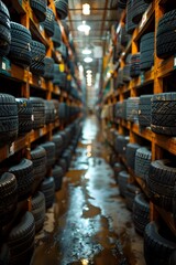 Obraz premium Car tires stacked on wooden shelves in warehouse storage facility with long corridor perspective and reflective wet floor.