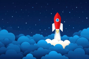 A whimsical cartoon rocket launching into a deep blue night sky, glittering stars scattered around, evoking a sense of adventure and excitement
