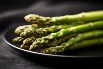 Vibrant green asparagus spears displayed on a matte black plate, warm light illuminating the texture, conveying a sense of freshness and healthy living