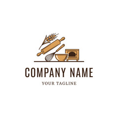 Bakery logo featuring rolling pin whisk bowl and oven for baking goods.