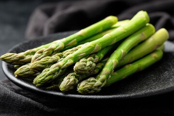 Vibrant green asparagus spears displayed on a matte black plate, warm light illuminating the texture, conveying a sense of freshness and healthy living