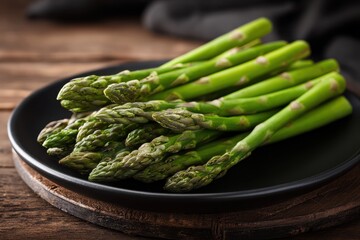 Vibrant green asparagus spears displayed on a matte black plate, warm light illuminating the texture, conveying a sense of freshness and healthy living