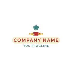 Fototapeta premium Chefs hat, rolling pin, and steaming cup logo for a bakery or cafe.