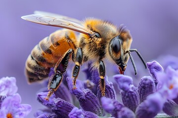 Honey bee collecting pollen from purple lavender flowers, macro photography showing detailed insect anatomy against soft purple background.