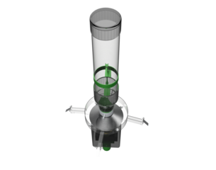 Modern Fish Farm Feeding Mechanism: White Container and Green Support Rotary Centrifugal Spreader, High-Definition 3D Rendering of Automated Aquatic Ecosystem Equipment, Isolated Transparent PNG.