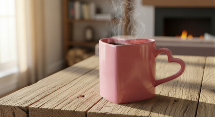 Pink heart shaped mug with steaming coffee for Valentine's Day blog and romantic design
