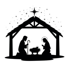 Vector illustration of black silhouette Nativity scene with Holy Family in stable under Star of Bethlehem. Concept of religious Christmas, holy night and Christian faith