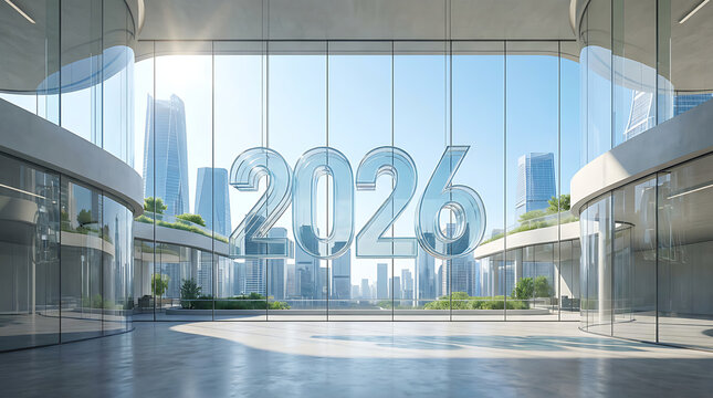 Fototapeta Modern office building with 2026 text on window city skyline background.