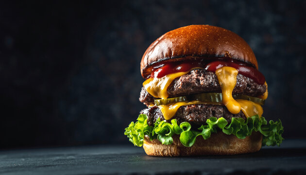 A juicy double cheeseburger with lettuce, cheese, and ketchup on a dark background, shot in a close-up style with warm tones.