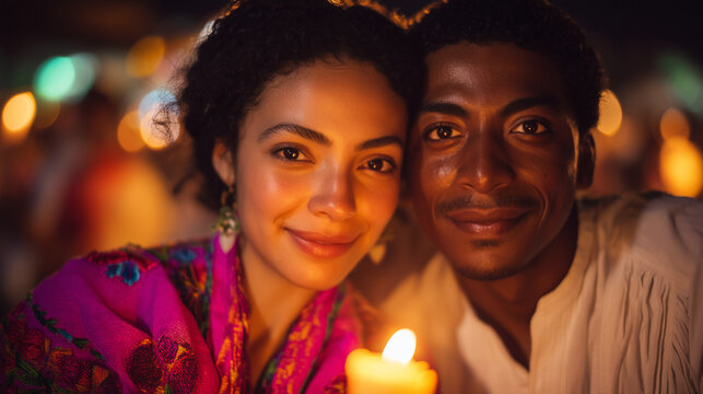 Celebrating Love A Couple's Warm Embrace during Fiesta de la Candelaria, Veracruz, Under the Gentle Glow of Candlelight