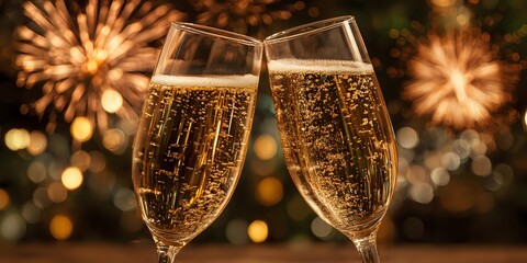 Two champagne flutes clinking together against a backdrop of colorful fireworks, creating a festive celebration atmosphere for New Year's Eve or special occasion.