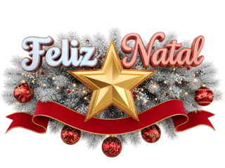 Golden "Feliz Natal" Star with Baubles: Elegant Festive Emblem.