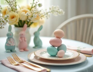 Easter table setting with pastel eggs and bunny figurines. Spring flowers in vase, soft light. Festive meal arrangement for holiday dinner celebration. Pastel color palette.