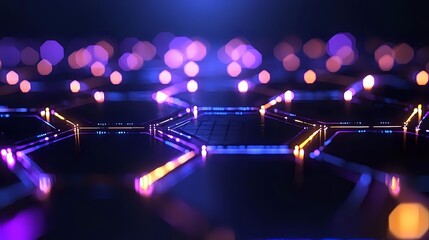 Futuristic circuit board with glowing neon lights and colorful bokeh effect against dark background, creating tech atmosphere.