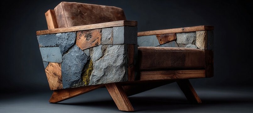 a unique wooden chair with a rock-like pattern on the back