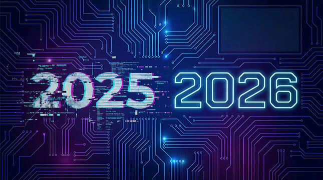 2025 2026 digital numbers on circuit board background.