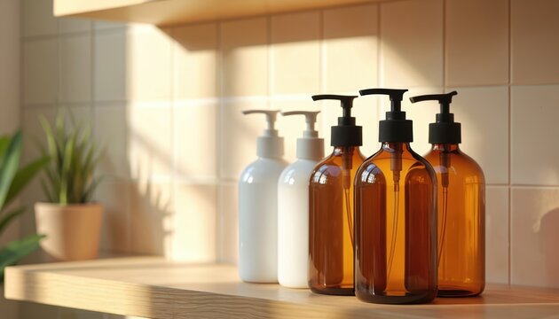 Refillable glass bottles with pump dispensers on wooden shelf. Eco-friendly cleaning products promote sustainable living. Bathroom decor with natural light. Modern minimalist design with green plant