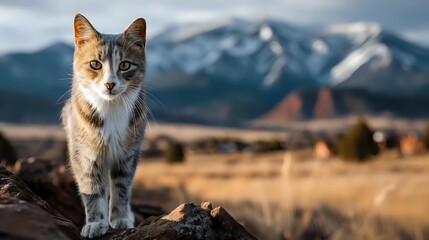 Tabby cat standing on rock with majestic mountain range in background, golden hour landscape with dramatic sky and wilderness terrain.