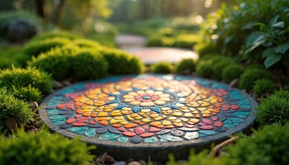 Round mosaic stepping stone path in rich green garden. Colorful stone art pattern with floral design invites walk through nature. Sunlight filters through trees.