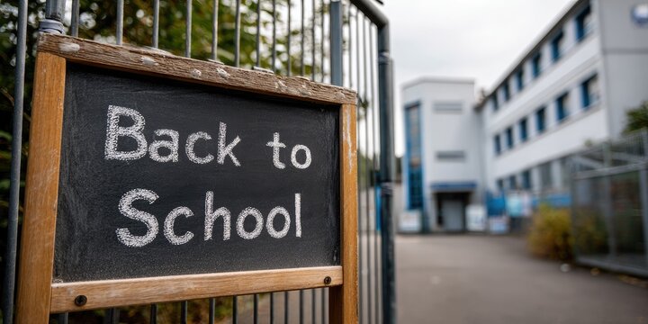 A chalkboard sign reading "Back to School" hangs on a metal gate.  A school building is visible in the background