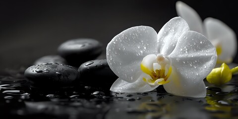 Elegant white orchid with water droplets and smooth black stones on wet surface, creating serene spa atmosphere for wellness and relaxation.