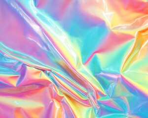 Fototapeta premium Abstract Holographic Foil Texture with Wrinkles Iridescent Pastel Colors Reflective Surface Multicolor Gradient Pattern Playful Shiny Background with Soft Lighting