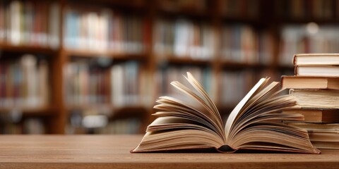 Open book on wooden table in a library (2)
