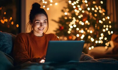 Young woman smiling while working or shopping online on laptop at home, christmas tree lights creating a festive atmosphere - Powered by Adobe